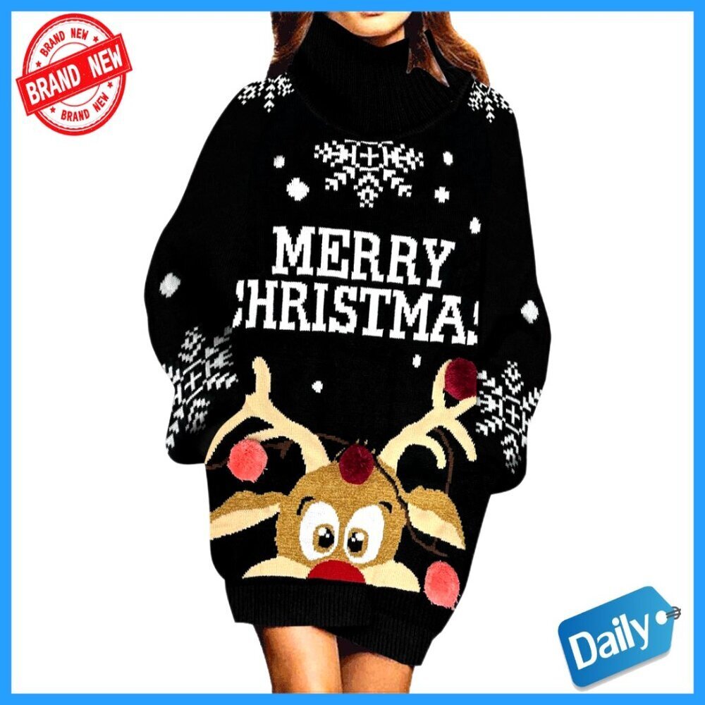 Oversize Turtleneck Pullover Sweater Dress with Pockets for Christmas Party